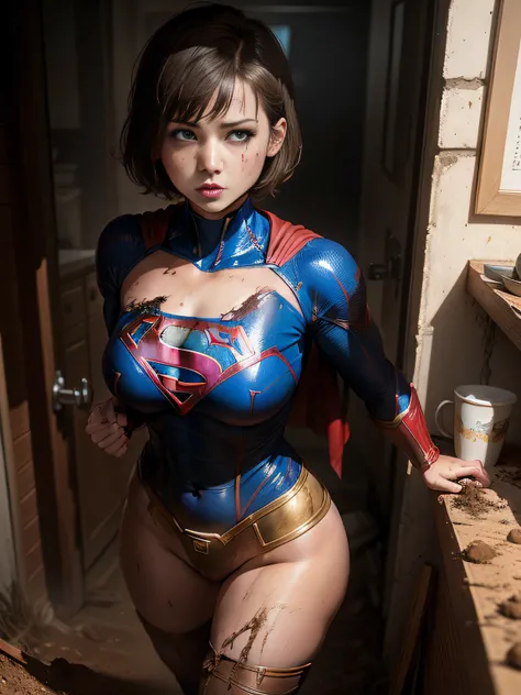 ​masterpiece、Short-haired Supergirl fell into a quagmire、large full breasts、Looking at the camera、Glossy costume、Crotch、Mud stains、Covered in mud、wounded