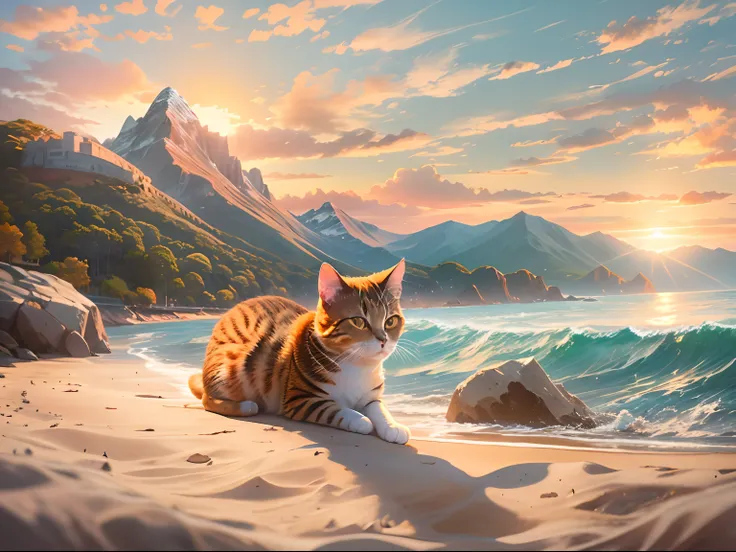 1 cat with round eyes , seaside, waves, sunrise, mountain masterpiece, high quality. detailed.