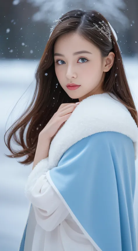 (Best quality, 8K, 32K，The details are super clear),Photorealistic, high resolution, 1 Japan Women, Solo, (Lolita costume)，Gorgeous costumes，Face the audience，(The upper part of the body，upper legs)， beautidful eyes, Brown hair, ringed eyes, (outside，Heavy...