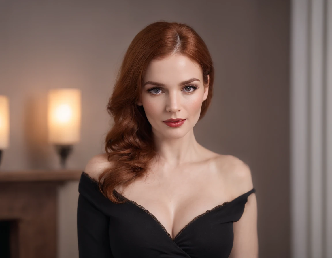 Stable Diffusion prompt: woman with ginger hair in black leather, ginger hair, full body shot, dark brown eyes, pale skin, freckles, soft face, approachable face, big eyes, karoline herfurth, playful smirk, confident, long flowing ginger hair, thick woman,...