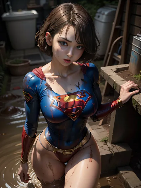 ​masterpiece、Short-haired Supergirl fell into the sewage、large full breasts、Looking at the camera、Glossy costume、Crotch、Mud stains、Covered in mud、wounded