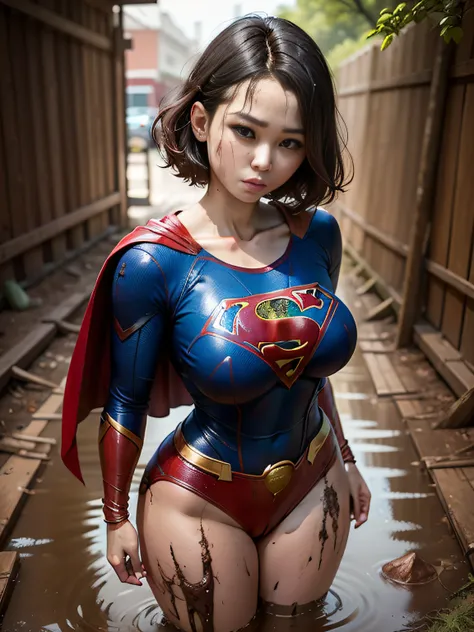 ​masterpiece、Short-haired Supergirl fell into a quagmire、large full breasts、Looking at the camera、Glossy costume、Crotch、Mud stains、Covered in mud、wounded