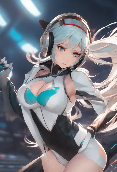 masutepiece,(Ultra-detailed),1girl in, Racing Miku, Black bodysuit, Cropped jacket, White jacket, Long sleeves, two-tone gloves, Thigh boots, Pending Flag, small breasts, (breast out), (nipple out), hileg、high-leg swimsuit,