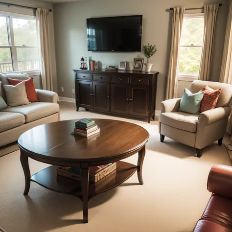 transitional family room with Tables