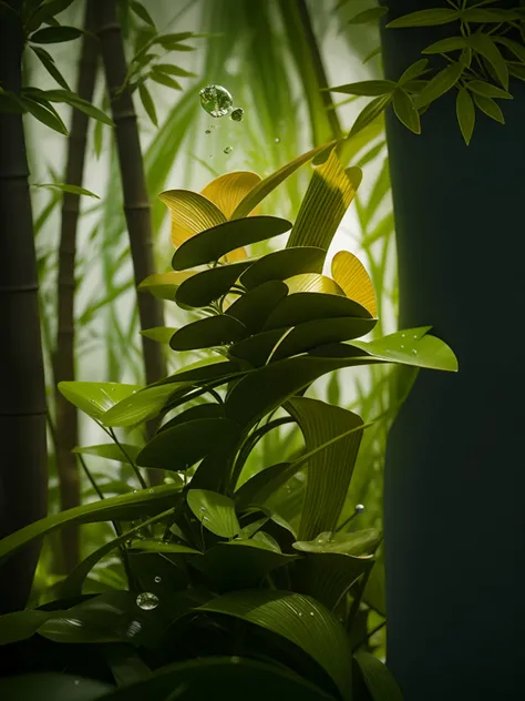 Bamboo leaves, Bamboo, Small rivers, teacup, Chess pieces, stone, Water droplets, Water droplets, detail, richness, Light, Chinese style，Masterpiece，Best quality, 8K, insanely details, Intricate details, ultra - detailed, hyper qualit, High detail, Ultra d...