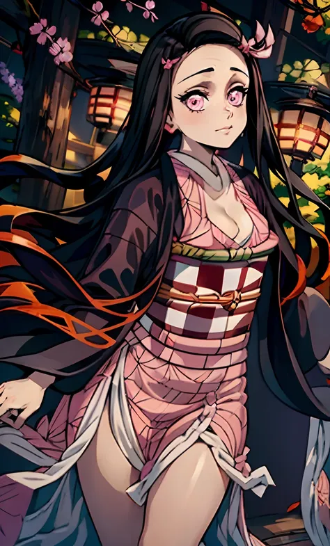 ​masterpiece, (Pink kimono), seductived faced, good lighting, beautiful thigh、adult appeal、Adults、Big、cleavage, finely detail, ​masterpiece, radiant eyes, 1girl in, A dark-haired, SUCK, Kamado Nezuko, wisteria background, ​masterpiece, top-quality, POV,,