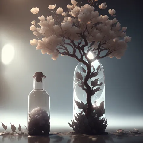 dreamlikeart tree in a bottle, fluffy, realistic, photo, canon, dreamlike, art, colorfull leaves and branches with flowers on top of its head. hyperdetailed photorealism by greg rutkowski - h 1024 w 804 | f 1 6 lens mark 2:2 s 3555 mm film grain :1 lifelik...