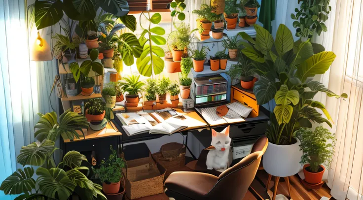 uma grande mesa de madeira com uma cadeira e um gato sentado nela, por do sol, apartamento de um estudante de arte, sala cheia de plantas, Cottagecore hippie, perfect maximalistic composition, lugar aconchegante, home office, Home Office Interior, warm spa...