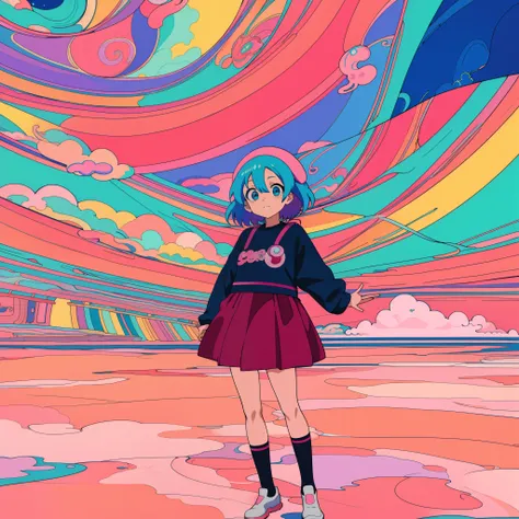 Anime girl standing in front of colorful swirl background, dreamy psychedelic anime, anime style 4 k, anime style illustration, Anime style. 8K, lofi-girl, anime graphic illustration, digital art in anime style, Anime Art Style, 9 0 s anime art style, anim...