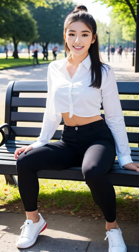 (best qualtiy，8K，tmasterpiece:1.3)，(sharp fokus:1.2)，(A girl sits on a bench in the park:1.2)，(perfect body figure:1.4)，(Slim abs:1.1)，exteriors，ssmile，rays of sunshine，Fine face，beautidful eyes，Straight legs，white  shirt， shorter pants， White sneakers