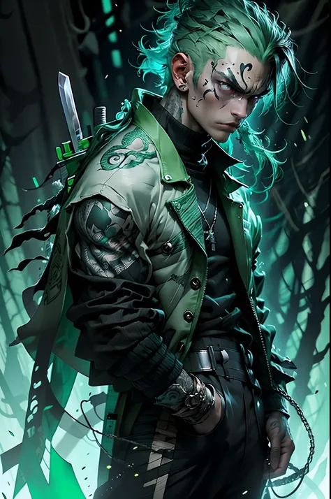 kpop boy wearing sage green futuristic jacket, handsome, charming, zoro vibe with katana, slim body, big sword katana black turt...