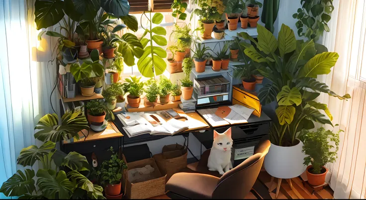 uma grande mesa de madeira com uma cadeira e um gato sentado nela, por do sol, apartamento de um estudante de arte, sala cheia de plantas, Cottagecore hippie, perfect maximalistic composition, lugar aconchegante, home office, Home Office Interior, warm spa...