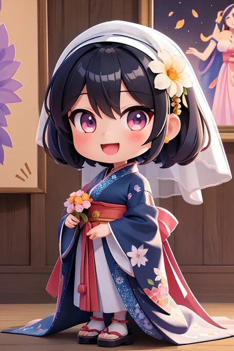 photoRealstic、Nedroid in wedding dress arranged in kimono standing in front of the painting、Open mouth and big smile、watercolor Nendoroid、(High Definition Figure)、Flowing iridescent silk、up of face、Eye Up、In the eyes♥、Floral dress、There are also flowers in...