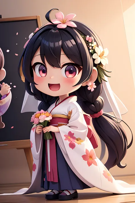 photoRealstic、Nedroid in wedding dress arranged in kimono standing in front of the painting、Open mouth and big smile、watercolor Nendoroid、(High Definition Figure)、Flowing iridescent silk、up of face、Eye Up、In the eyes♥、Floral dress、There are also flowers in...