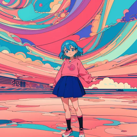 Anime girl standing in front of colorful swirl background, dreamy psychedelic anime, anime style 4 k, anime style illustration, Anime style. 8K, lofi-girl, anime graphic illustration, digital art in anime style, Anime Art Style, 9 0 s anime art style, anim...