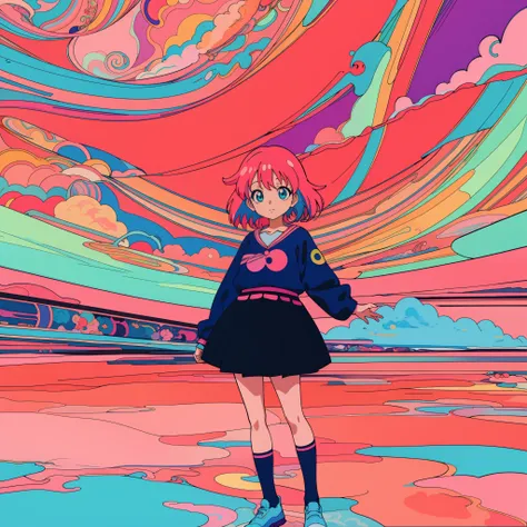 Anime girl standing in front of colorful swirl background, dreamy psychedelic anime, anime style 4 k, anime style illustration, Anime style. 8K, lofi-girl, anime graphic illustration, digital art in anime style, Anime Art Style, 9 0 s anime art style, anim...