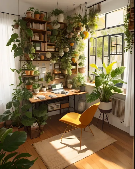 uma grande mesa de madeira com uma cadeira e um gato sentado nela, apartamento de um estudante de arte, sala cheia de plantas, Cottagecore hippie, perfect maximalistic composition, lugar aconchegante, home office, Home Office Interior, warm space, Gatos e ...