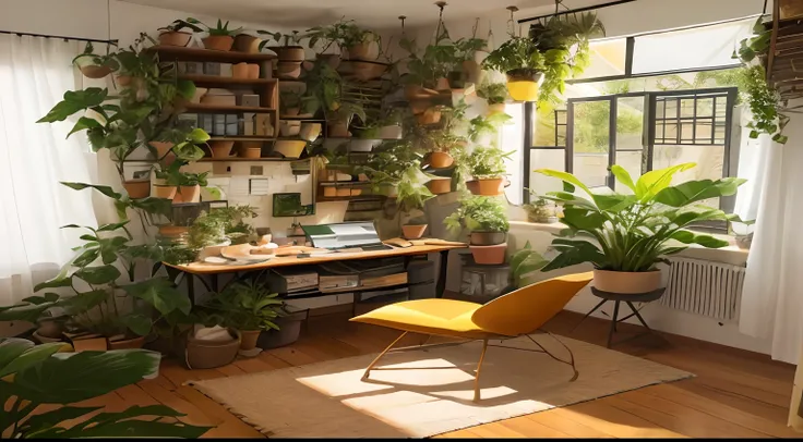 uma grande mesa de madeira com uma cadeira e um gato sentado nela,gato, gato na cadeira, gatinho fofo apartamento de um estudante de arte, sala cheia de plantas, Cottagecore hippie, perfect maximalistic composition, lugar aconchegante, home office, Home Of...