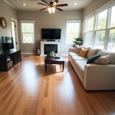 transitional family room with Flooring