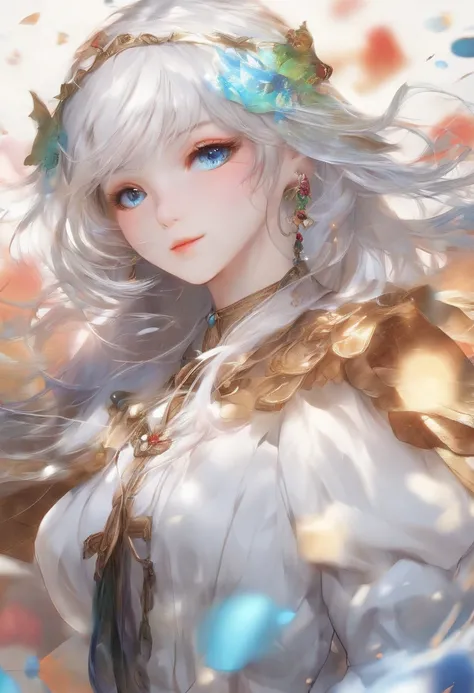 (((masutepiece))),(((Best Quality))),((Ultra-detailed)),(Illustration),(Dynamic Angle), ((floating)),(paint),((disheveled hair)), (Solo),(1girl in), ((Big)), (((Detailed anima face))),((beautifull detailed face)),Collar,Bare shoulders,  White hair, ((Color...