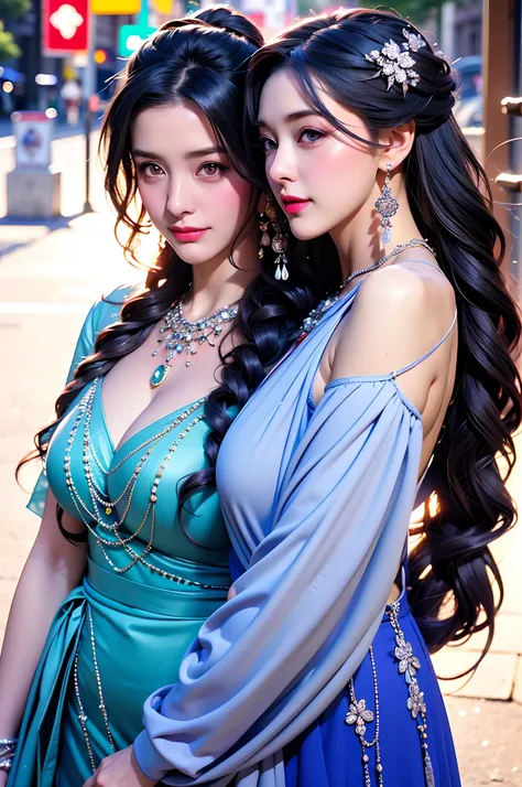 Best Quality, Masterpiece, Extremely Detailed, High Resolution, 4K, Ultra High Resolution, Detailed Shadows, Perfect Light and Shadow,duo, Two Girls in Stylish Clothes Taking Selfies on the Street, fantastical world,Colorful Braids, Anime Role Play, Anime ...