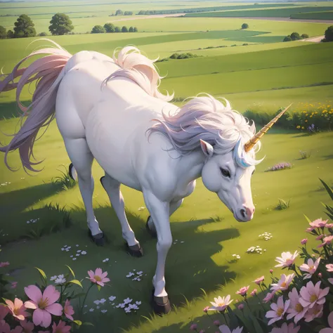 masutepiece, Super Detail, High quality, awardwinning, 8K, Running a Unicorn, On its head there are straight single long horns, on meadow, front, Painting, Realism