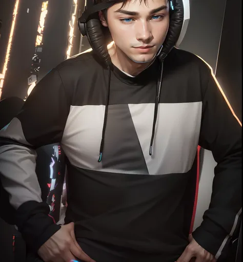 Gamer boy with RGB headphones background fully gaming desktop and sitting on gaming chair