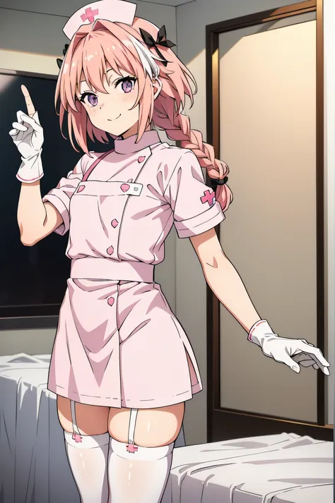 astolfo, single braid, pink hair, purple eyes, otoko_no_ko, male focus, solo, nurse, ((white nurse cap, white nurse's outfit)), ...