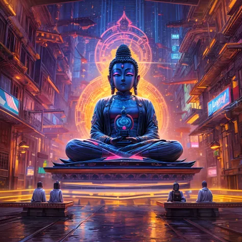 A highly detailed, futuristic scene with a vibrant color palette and neon lights. The focal point of the scene is a magnificent Golden Buddha statue, radiating a sense of peace and tranquility. The statue is made of pure gold and shines brightly, reflectin...