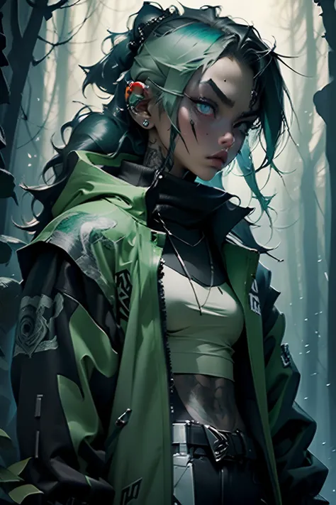 kpop girl wearing sage green futuristic jacket, slim body, big sword katana black turtle neck attire, big jacket, serious face, chains, tattoos, cool pose, whole body shot, big eyes, glowing forest background