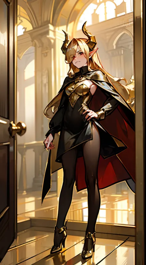 1woman,40s,solo,angry face,golden and black short dress,medium tits,golden hair,long hair,red eyes,elves ears,golden horns,panty...