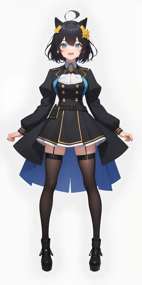 Full body,(( Upright)), ((Arms at sides)), Looking at Viewer, Simple background, 1girl in, Open mouth, Smile, Virtual Youtuber、girl with、、((Best Quality, high_resolution, Distinct_image)),(Black hair), (Black cat ears), (Ahoge), (absurdly short hair), (Wav...