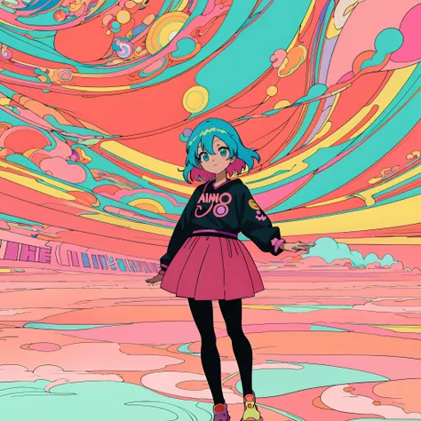 Anime girl standing in front of colorful swirl background, dreamy psychedelic anime, anime style 4 k, anime style illustration, Anime style. 8K, lofi-girl, anime graphic illustration, Anime Art Style, digital art in anime style, 9 0 s anime art style, anim...