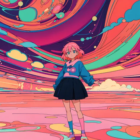 Anime girl standing in front of colorful swirl background, dreamy psychedelic anime, anime style 4 k, anime style illustration, Anime style. 8K, lofi-girl, anime graphic illustration, Anime Art Style, digital art in anime style, 9 0 s anime art style, anim...