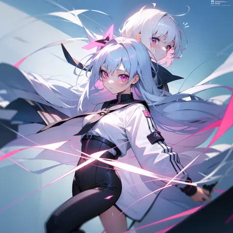 Future technology sense female high school student，校服，High-tech sense in school，A girl with long silver-white hair and waist，Pink eyes，Air bangs，Jump down from a height，Vigilant eyes