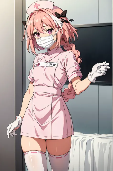 astolfo, single braid, pink hair, purple eyes, otoko_no_ko, male focus, solo, nurse, ((white nurse cap, white nurses outfit)), ((white legwear, zettai ryouiki)), white gloves, ((white surgical mask, covered nose)), standing, hospital room, sharp outline, s...