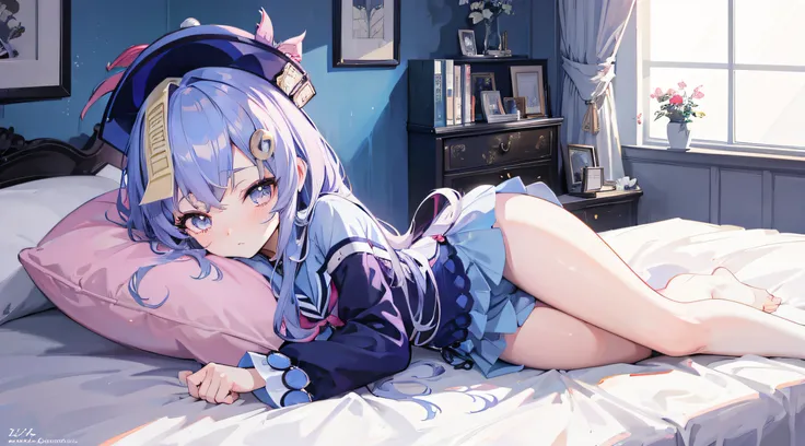 Anime girl lying on bed，Wearing a hat and a blue shirt, seductive anime girls, style of anime4 K, Best anime 4k konachan wallpaper, 4K anime wallpaper, Smooth anime CG art, wallpaper anime blue water, Anime art wallpaper 8 K, Kantai collection style, Anime...