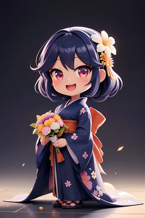 photoRealstic、Nedroid in wedding dress arranged in kimono standing in front of the painting、Open mouth and big smile、watercolor Nendoroid、(High Definition Figure)、Flowing iridescent silk、up of face、Eye Up、In the eyes♥、Floral dress、There are also flowers in...