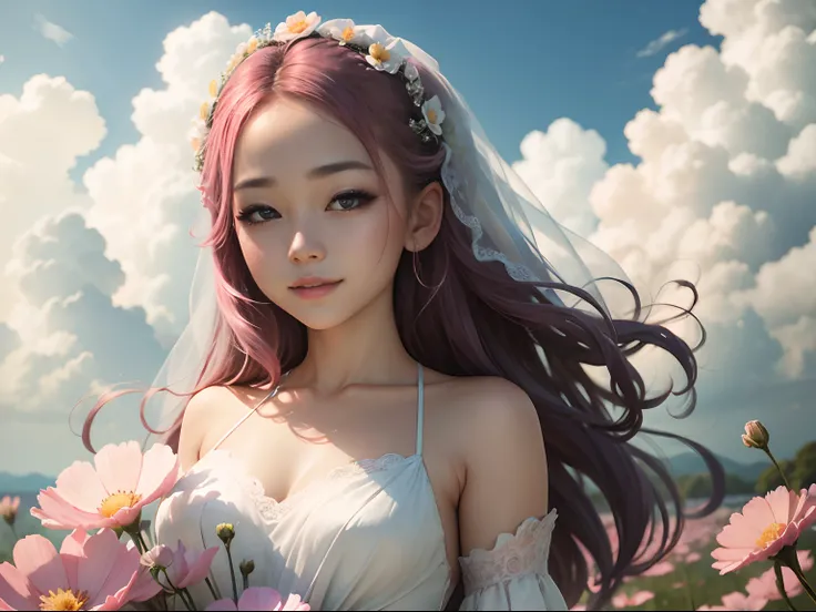 Pink cosmos flowers、blue-sky、Scaly clouds、depth of fields、(blurry backround))、​masterpiece、top-quality、The ultra-detailliert、Woman in wedding dress、A smile