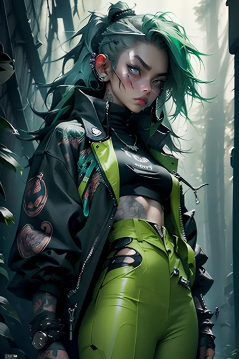 kpop girl wearing sage green futuristic jacket, sexy body, big sword katana black turtle neck attire, big jacket, serious face, chains, tattoos, cool pose, whole body shot, big eyes, glowing forest background