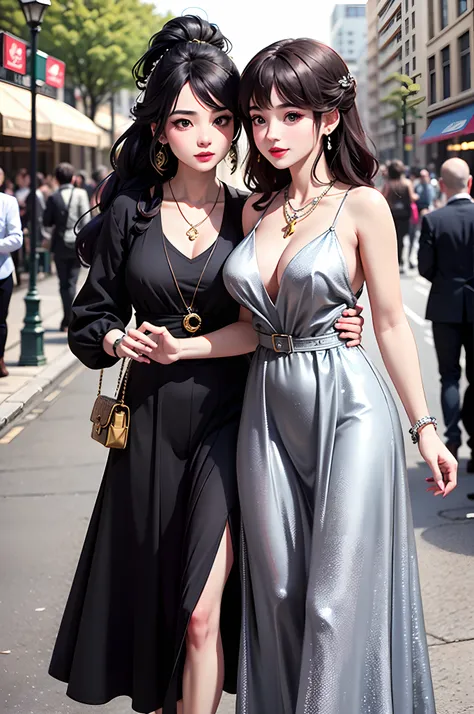 Best Quality, Masterpiece, Extremely Detailed, High Resolution, 4K, Ultra High Resolution, Detailed Shadows, Perfect Light and Shadow,duo, Two Girls in Stylish Clothes Taking Selfies on the Street, fantastical world,Colorful Braids, Anime Role Play, Anime ...