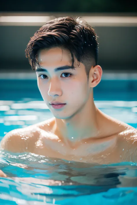 Portrait of David Licauco， mature，swimmingpool，18 year old boy，Wet with，tmasterpiece