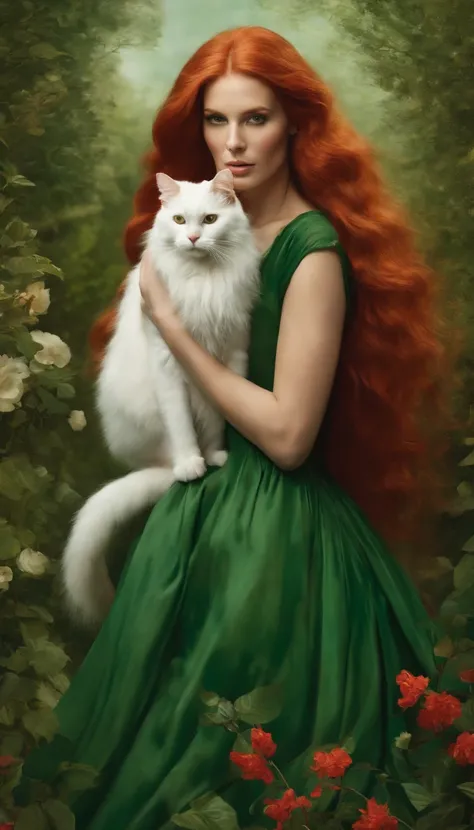 woman with long red hair in a green dress, with a white cat in her arms