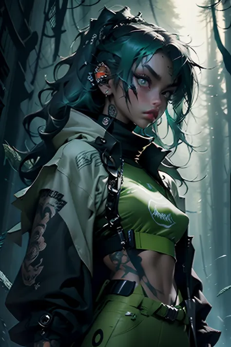 kpop girl wearing sage green futuristic jacket, sexy body, big sword katana black turtle neck attire, big jacket, serious face, chains, tattoos, cool pose, whole body shot, big eyes, glowing forest background