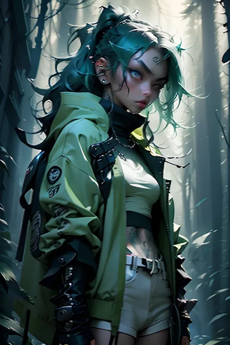 kpop girl wearing sage green futuristic jacket, sexy body, big sword katana black turtle neck attire, big jacket, serious face, chains, tattoos, cool pose, whole body shot, big eyes, glowing forest background