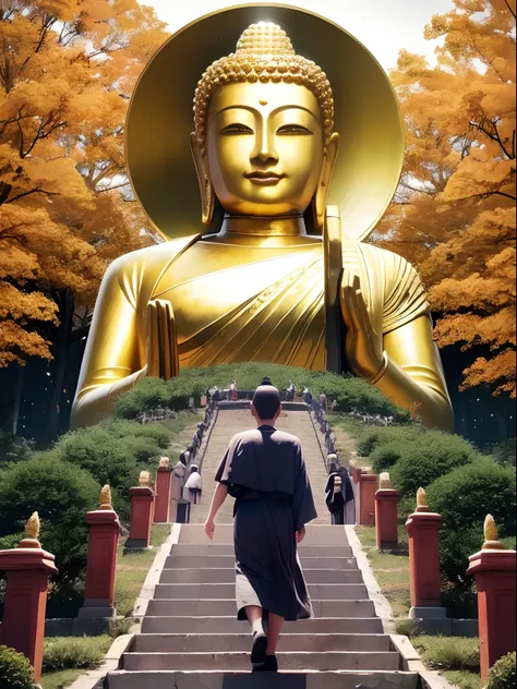 There are huge Buddha statues on the mountain,The Buddha statue has a calm face,Stoic face, a Buddhist Buddha, Buddhism, Buddha, Buddhist, The rising sun shines golden in the sky,The holy light shines on the Buddha statue，(Two pilgrims walk towards the Bud...