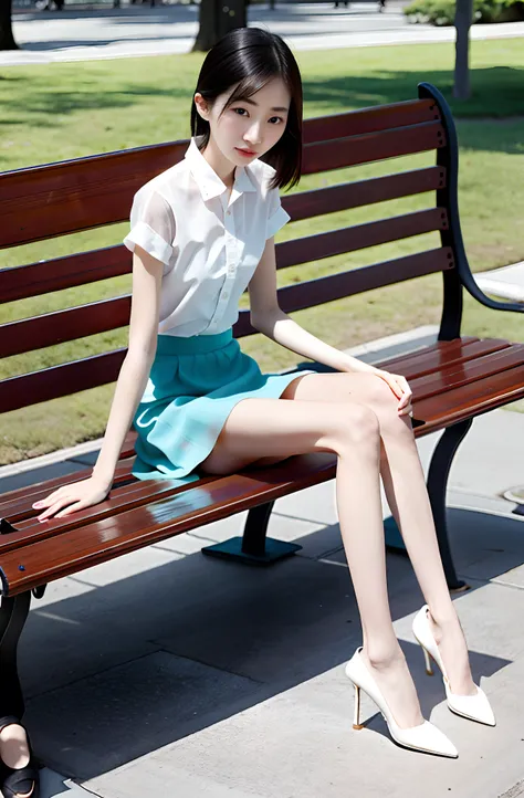 there was a chinese woman sitting on a bench, wear an ultra-thin transparent light-colored tight skirt, sitting on a park bench,...