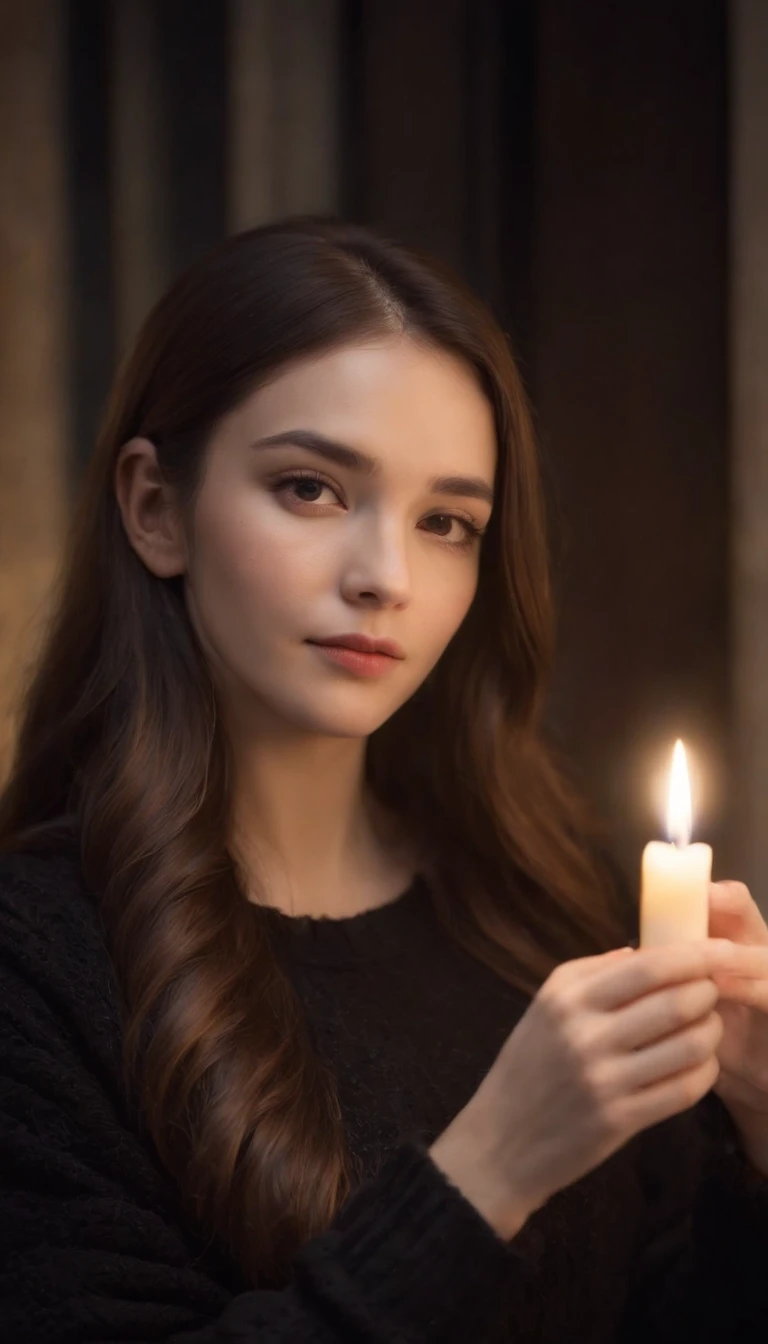 xxmix_girl,,a woman with long hair and a black sweater is holding a candle in her hand and looking at the camera,