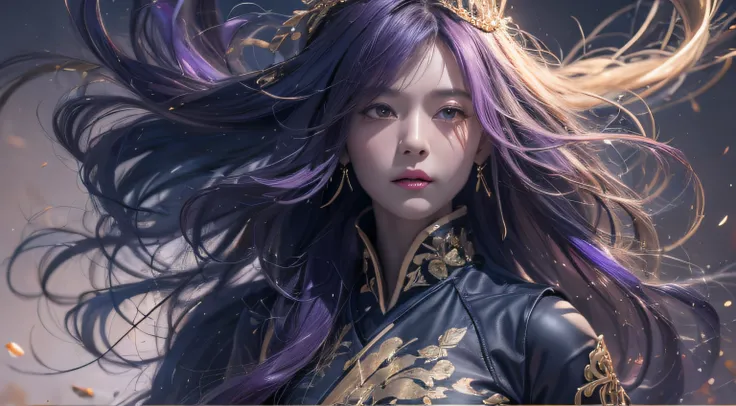 32K（tmasterpiece，k hd，hyper HD，32K）Long flowing bright purple hair，Mards，zydink， a color，  Asian people （Silly girl）， （Silk scarf）， Combat posture， looking at the ground， long whitr hair， Floating bright purple， Fire cloud pattern gold tiara， Chinese long-...