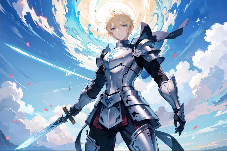 anime - style image of a blonde short haired male in armor with a sword being raised mid air pointing its tip towards the sky, overflowing with energy, human male, cloudy sky, masculine facial features, blue armor, handsome guy in demon slayer art